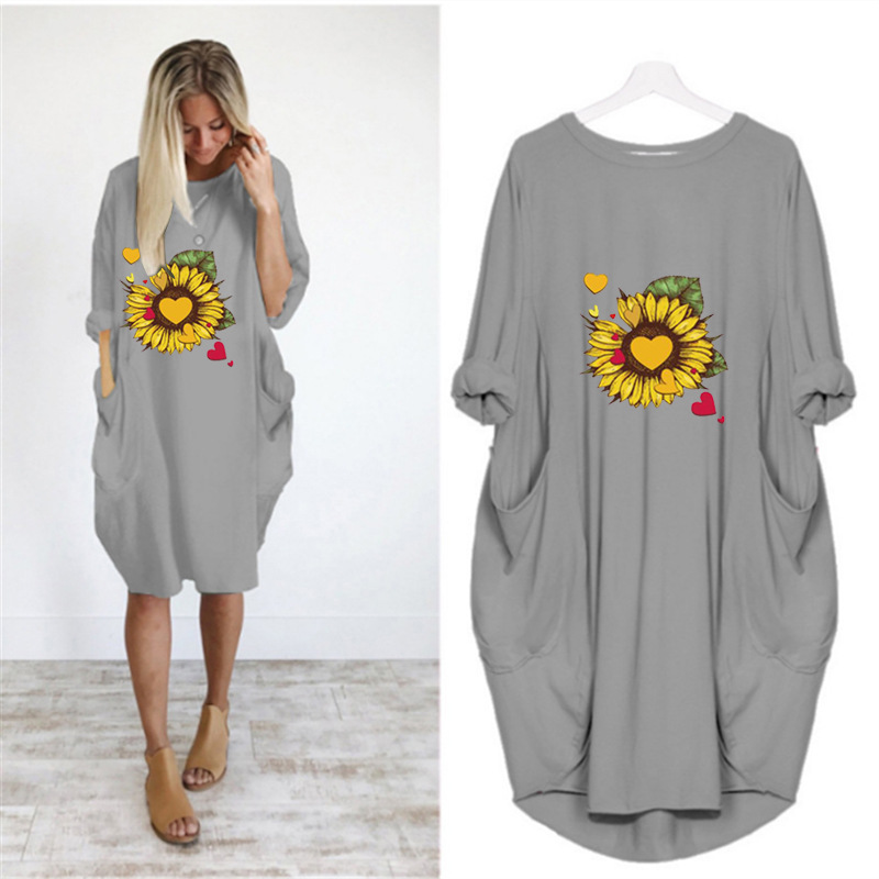 Love Sunflower Flower Pocket Dress Loose