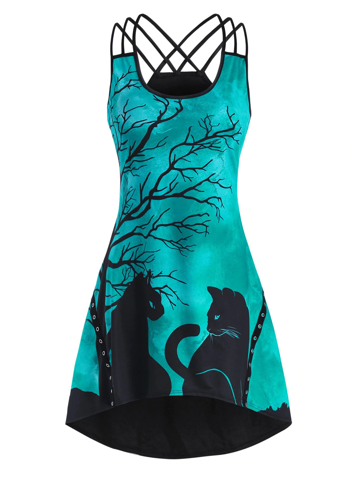 Halloween Black Cat Print Sleeveless Round Neck High And Low Dress