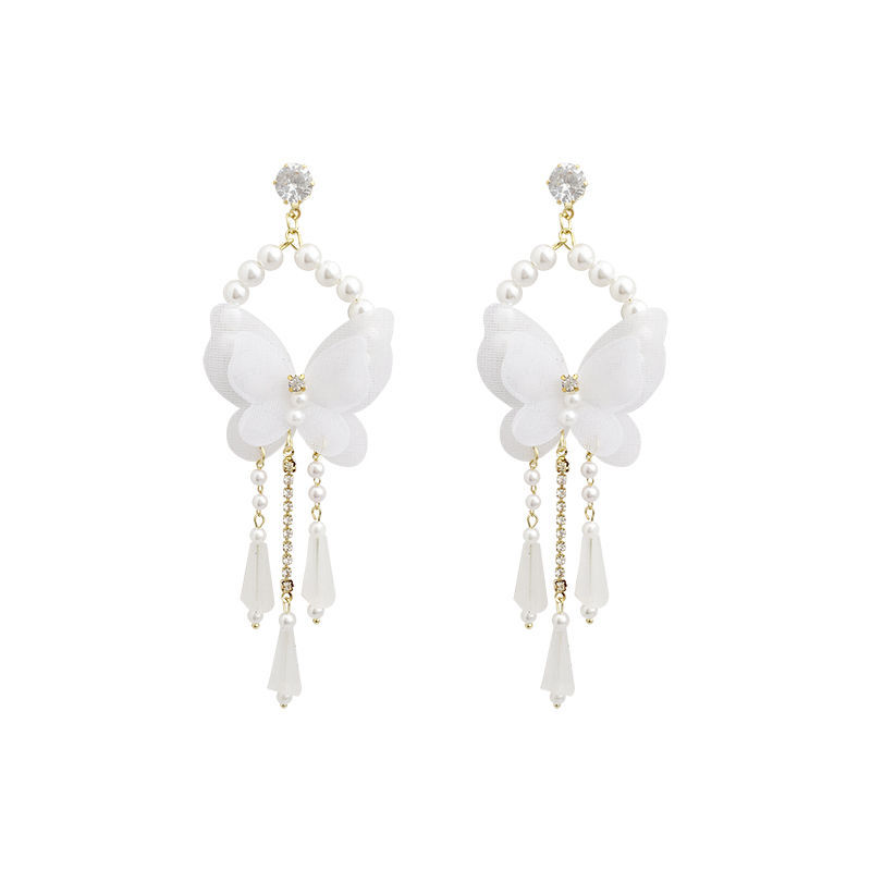 Silver Needle Super Fairy White Butterfly Earrings Temperament Long Tassel Pendant Wild Stud Earrings Women