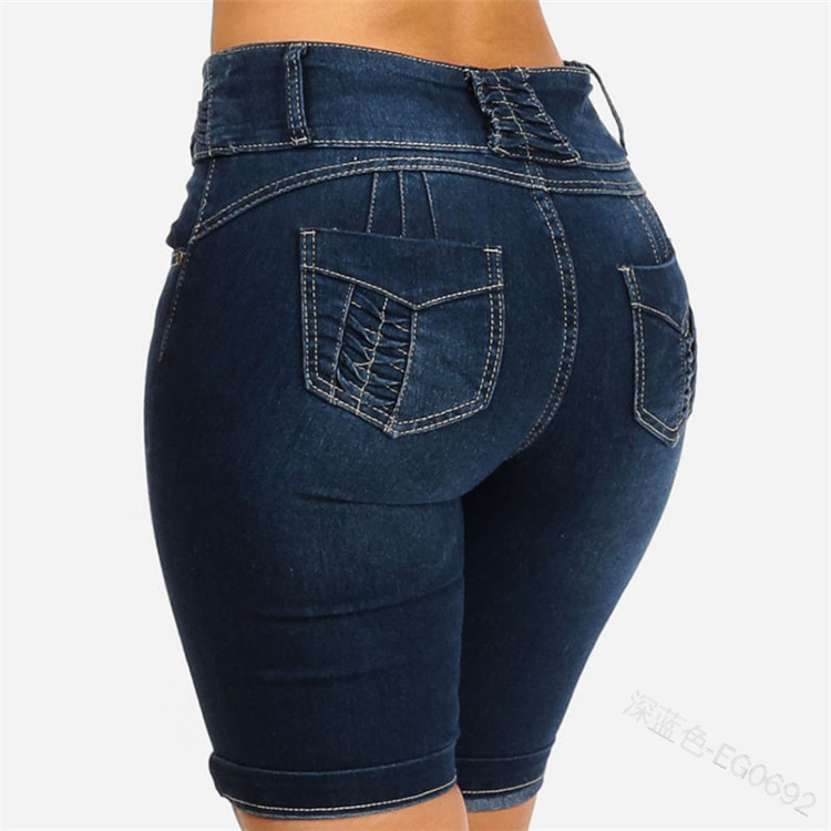 Summer Cuffed Shorts European And American Slim Pocket Hips Solid Color Jeans Blue - Shop at LoveMi