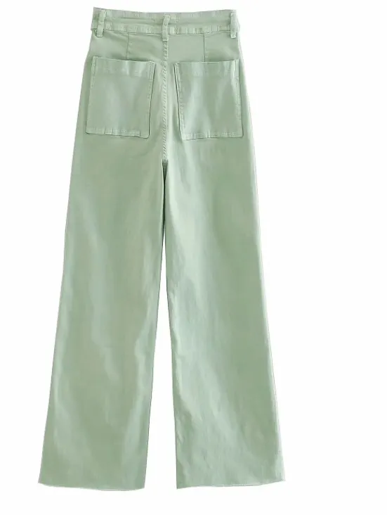 Jeans Zw Premium Marine Straight High Waist Jeans Featuring Rear Patch Pockets Seamless Hems Front Zip Fly With Top Button Green - Shop at LoveMi
