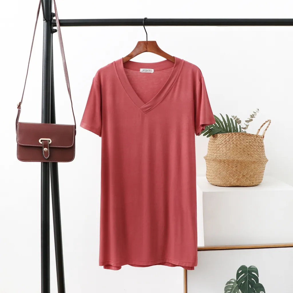Summer V-Neck Mid-Length T-Shirt Women'S Bottoming Shirt Large Size Slit Blouse - Red