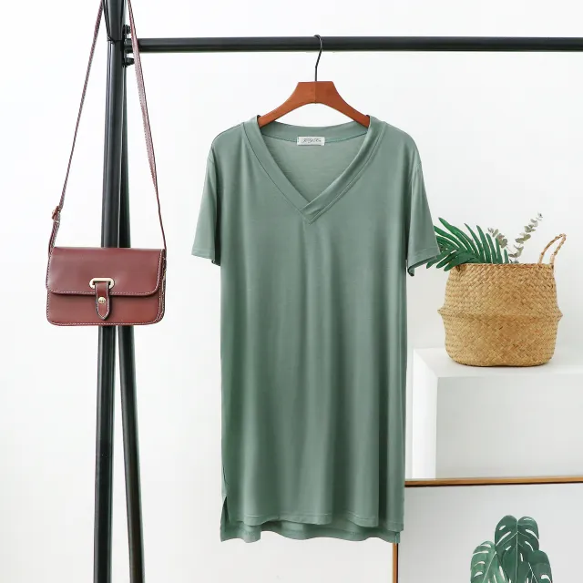 Summer V Neck Mid Length T Shirt Women'S Bottoming Shirt Large Size Slit Blouse Bean Green - Shop at LoveMi