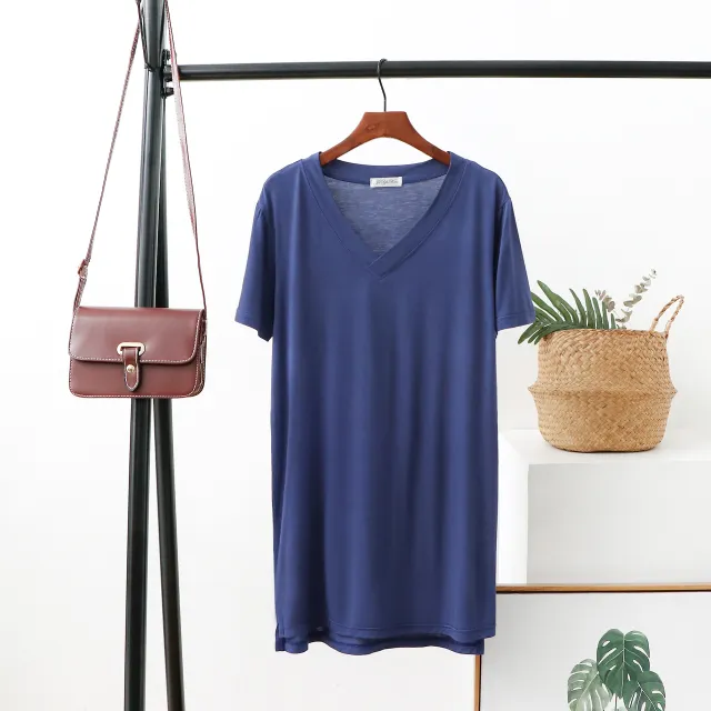 Summer V Neck Mid Length T Shirt Women'S Bottoming Shirt Large Size Slit Blouse Denim Blue - Shop at LoveMi