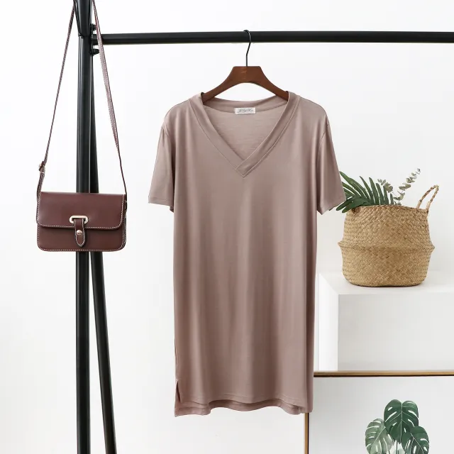 Summer V Neck Mid Length T Shirt Women'S Bottoming Shirt Large Size Slit Blouse Khaki - Shop at LoveMi