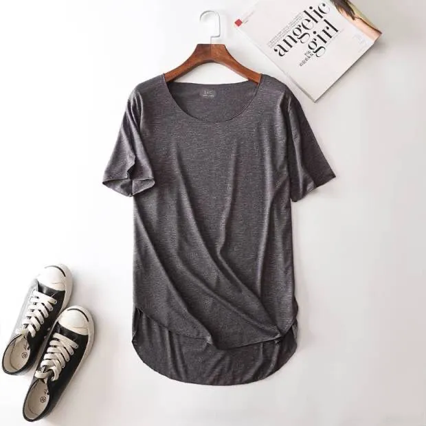 Slub Cotton Round Neck Solid Color Thin Short Sleeved T Shirt Dark Grey - Shop at LoveMi