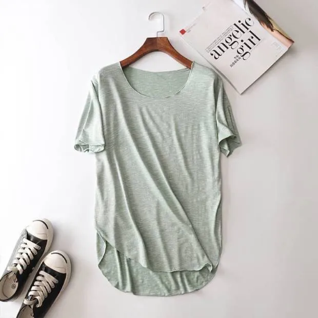 Slub Cotton Round Neck Solid Color Thin Short Sleeved T Shirt Olive Green - Shop at LoveMi