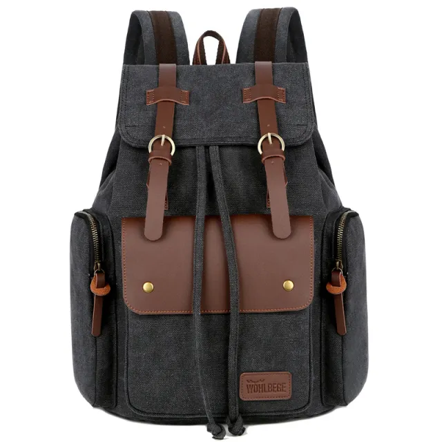 Men'S Canvas Backpack Computer Backpack Europe And America Retro Crazy Horse Leather Backpack Men'S Bag Black - Shop at LoveMi