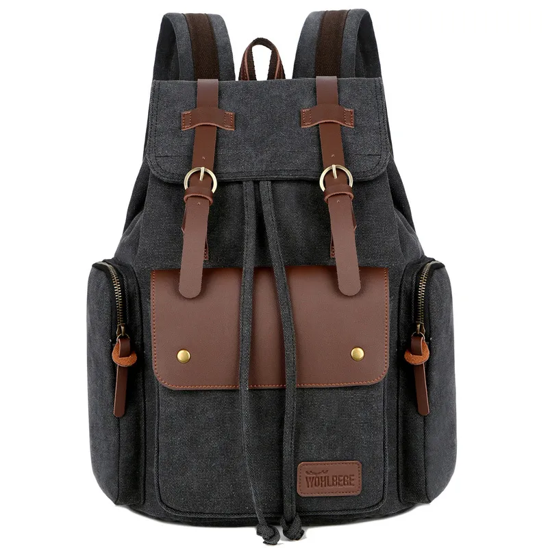 Men'S Canvas Backpack Computer Backpack Europe And America Retro Crazy Horse Leather Backpack Men'S Bag - Black