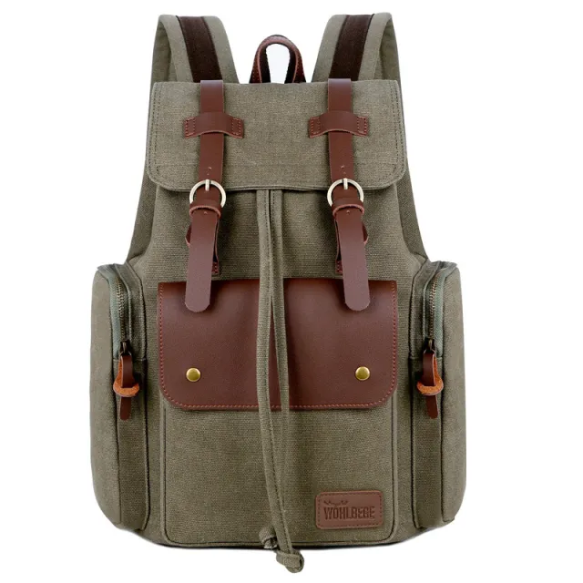 Men'S Canvas Backpack Computer Backpack Europe And America Retro Crazy Horse Leather Backpack Men'S Bag Green - Shop at LoveMi