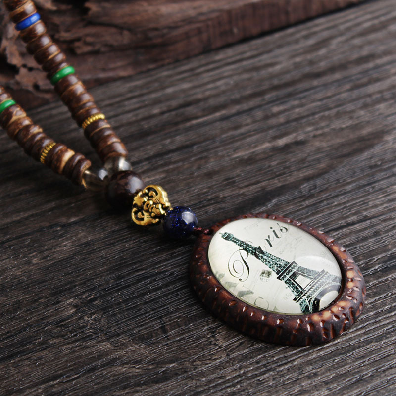 Wooden Bead Decoration Necklace Creative Peacock Feather Pendant