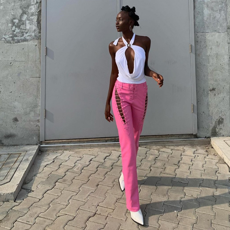 Fashion Trend Women'S New High-Waisted Hollow Straps Straight Leggings Slim Slimming Leather Pants