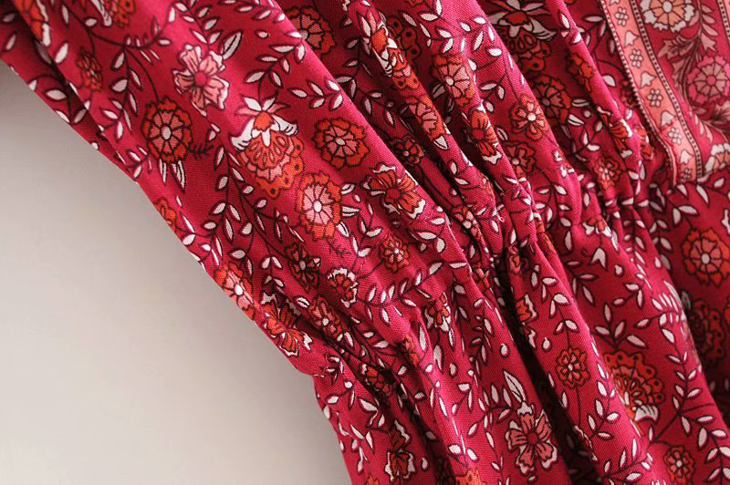 Printed Dress Deep V-Neck Waist Long Skirt