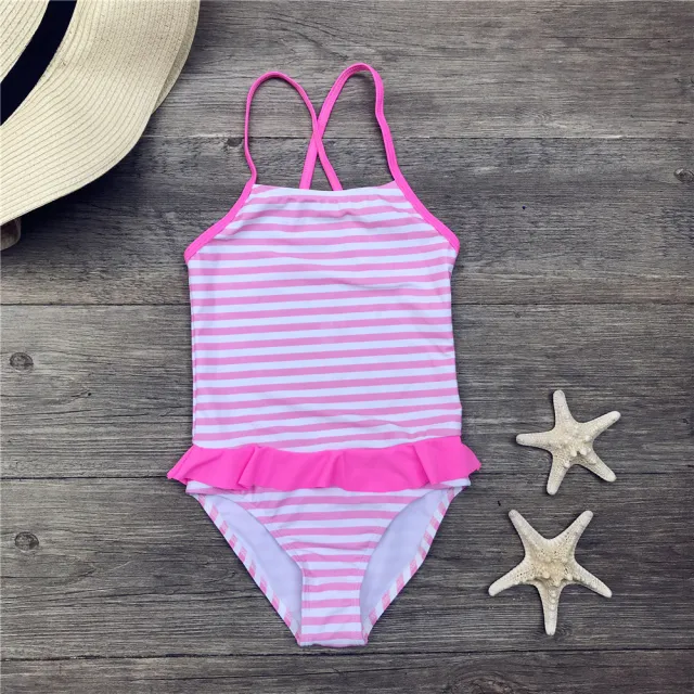 Girls' Striped Print One Piece Children's Swimsuit Pink - Shop at LoveMi