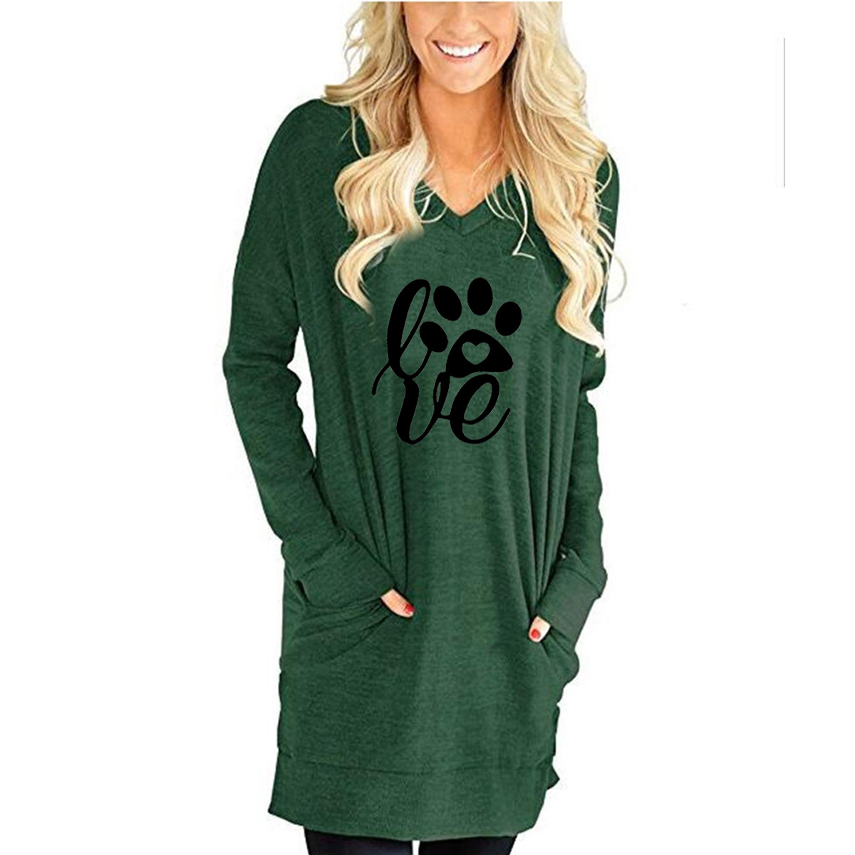 European And American New Loose Long Sleeve V-Neck Pocket T-Shirt Women'S Split