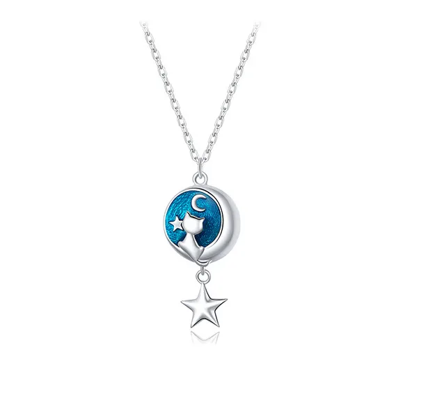 S925 Sterling Silver Moon Cat Necklace Star Simple Silver - Shop at LoveMi