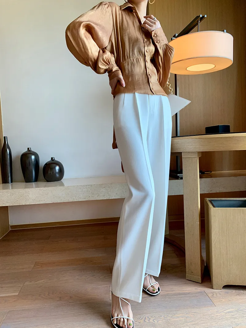 High-waisted Wide-leg Trousers With Smoke Tube, Loose, Straight-leg Drape And Thin, Casual Suit Pants Women - White Lengthened Thin Section