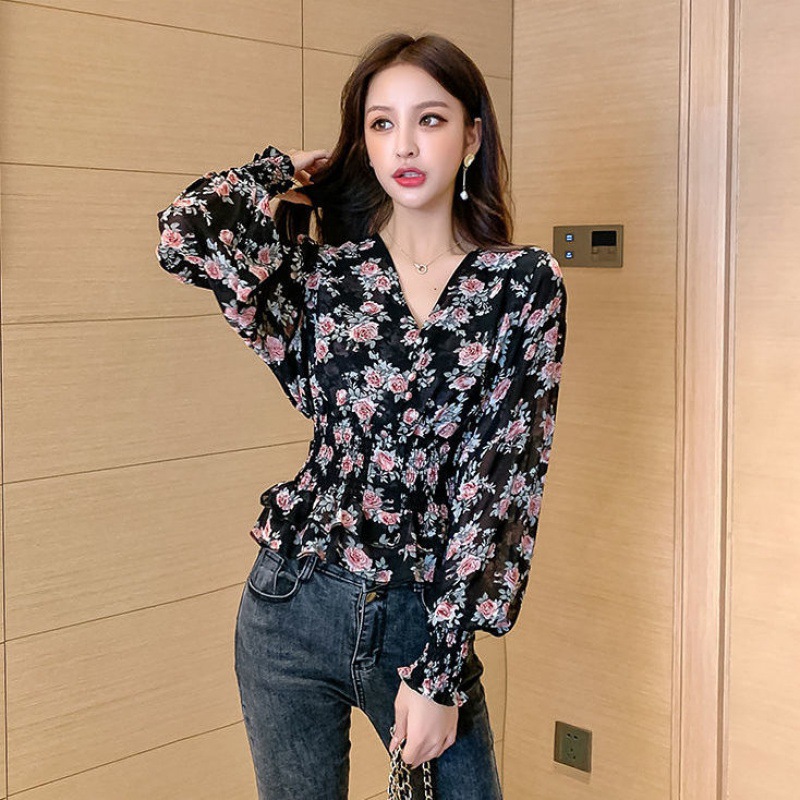 Korean Style Retro V-Neck All-Match Shirt With Pleated Waist And Thin Blouse Women