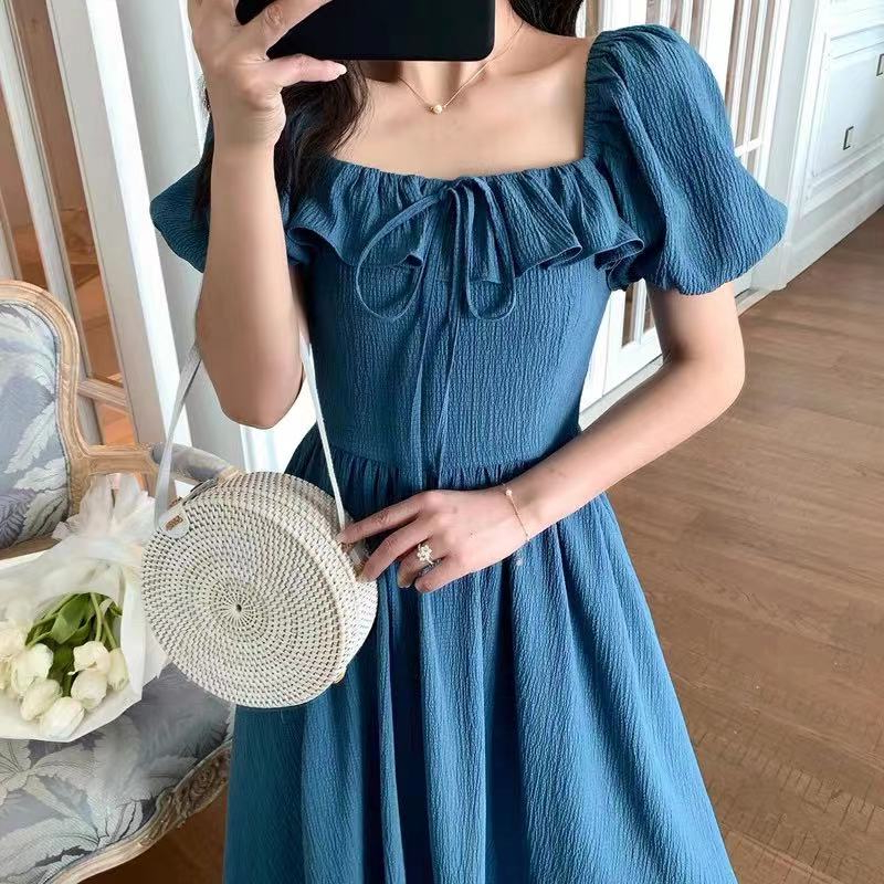 Bubble Sleeve Tie Square Collar Dress Large Size