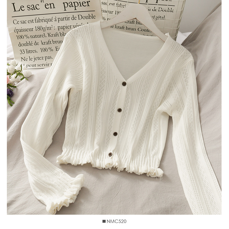 Sweet Wind Single Breasted Wooden Ear Edge Cardigan Long Sleeves