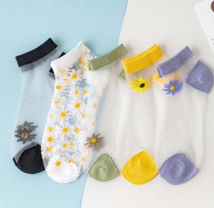 Small Daisy Glass Stockings Female Summer Socks Boat Socks Net Red Socks Shallow Mouth Transparent Socks