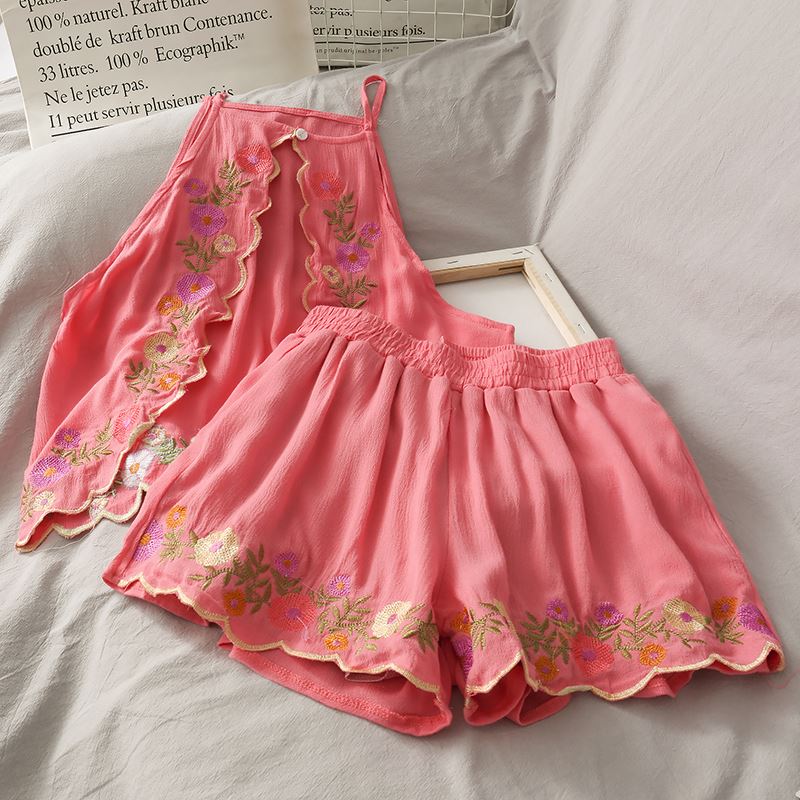 Vintage Embroidered Flowers Off-Shoulder Hanging Neck Halter Short Sling Women