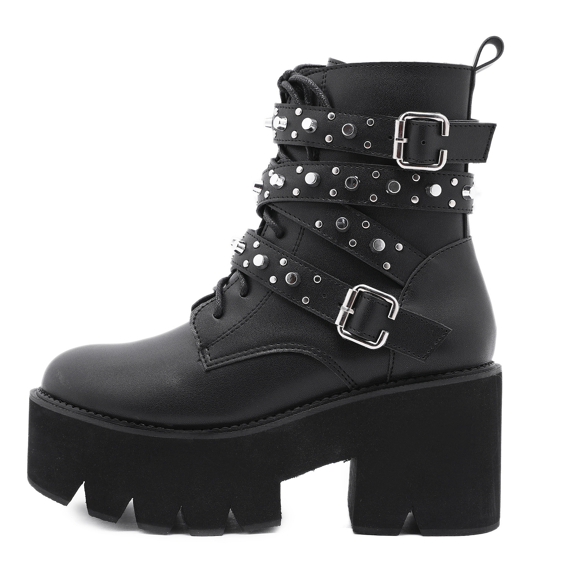 Lace up Women's Boots With Platform Rivets Black - Shop at LoveMi