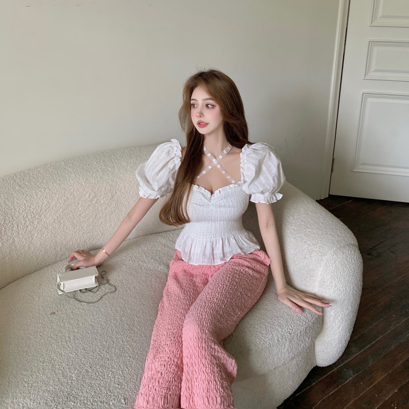 Niche Short Shirt White Square Neck Short Sleeve Top