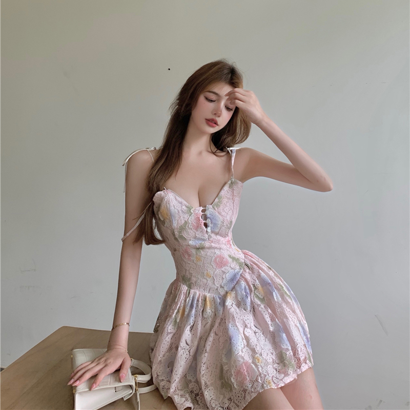 Floral Floral Dress Women French Retro Lace Waist Short Skirt