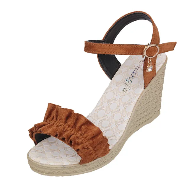 Heeled Sandals With Sweet Lace Fashion Diamond Toe Thick Slope Heel Sandals For Women Brown - Shop at LoveMi