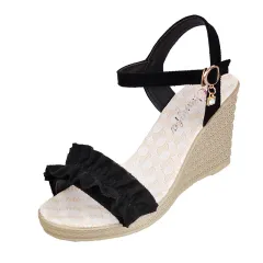 Heeled Sandals With Sweet Lace Fashion Diamond Toe Thick Slope Heel Sandals For Women - Black - View 1