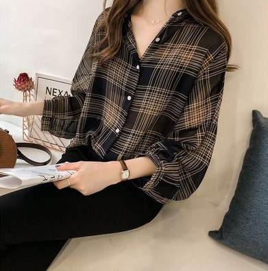 Loose Plaid Shirt Women's Long-sleeved Hong Kong Style Blouse