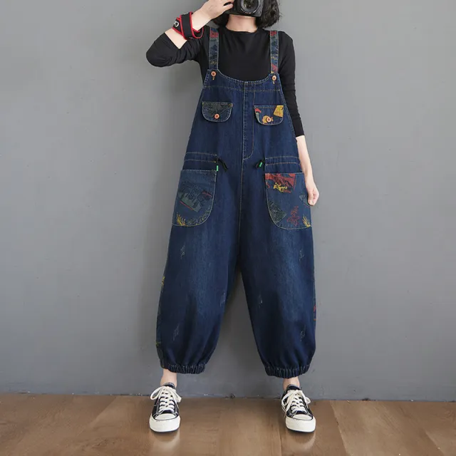 The New Style Of Large Size Print Splicing Jeans Overalls Blue - Shop at LoveMi