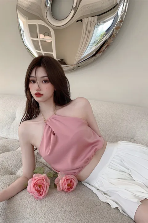 Sweet French Hot Girl Wears a Halterneck Top