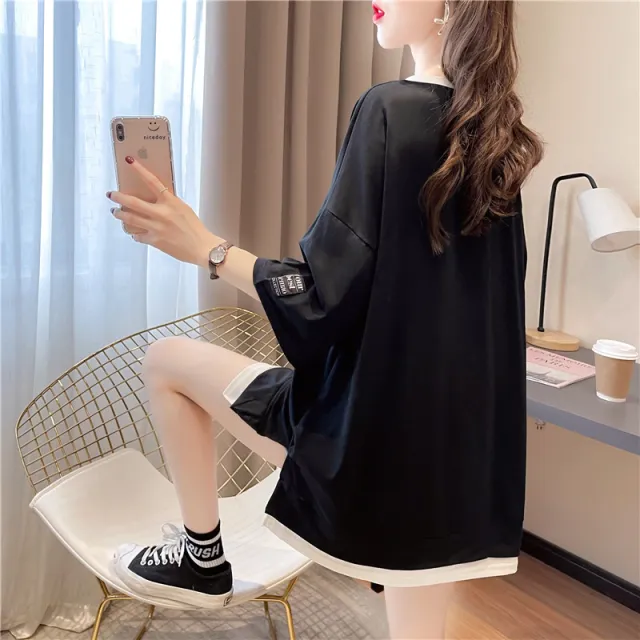 Fake Two Color Insert Loose Medium Long Embroidered Short Sleeves Black - Shop at LoveMi