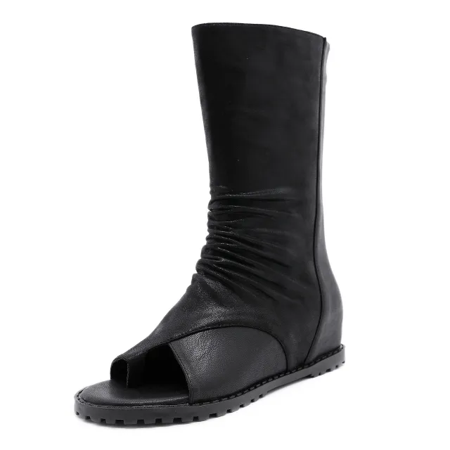 Long Cold Boots With Wedges And Inner Heighten Sandals For Women Black - Shop at LoveMi
