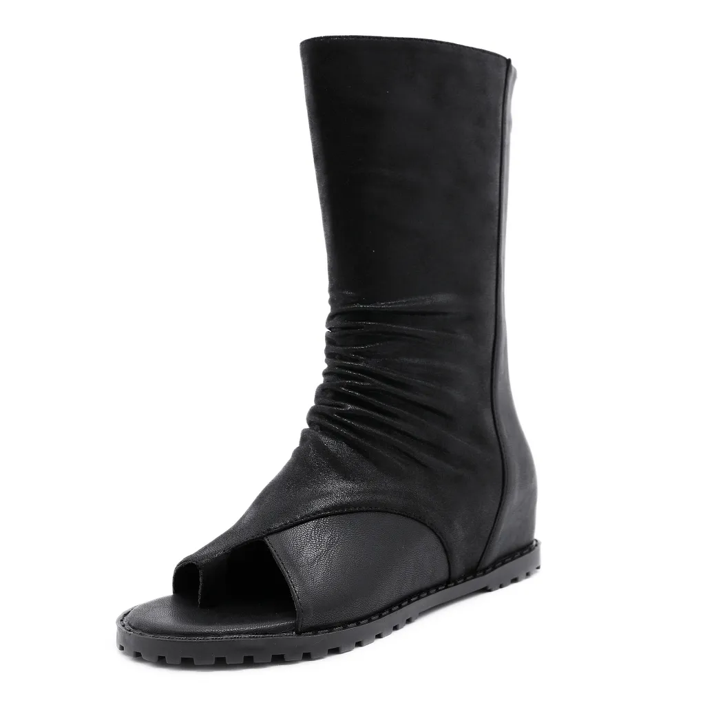 Long Cold Boots With Wedges And Inner Heighten Sandals For Women - Black