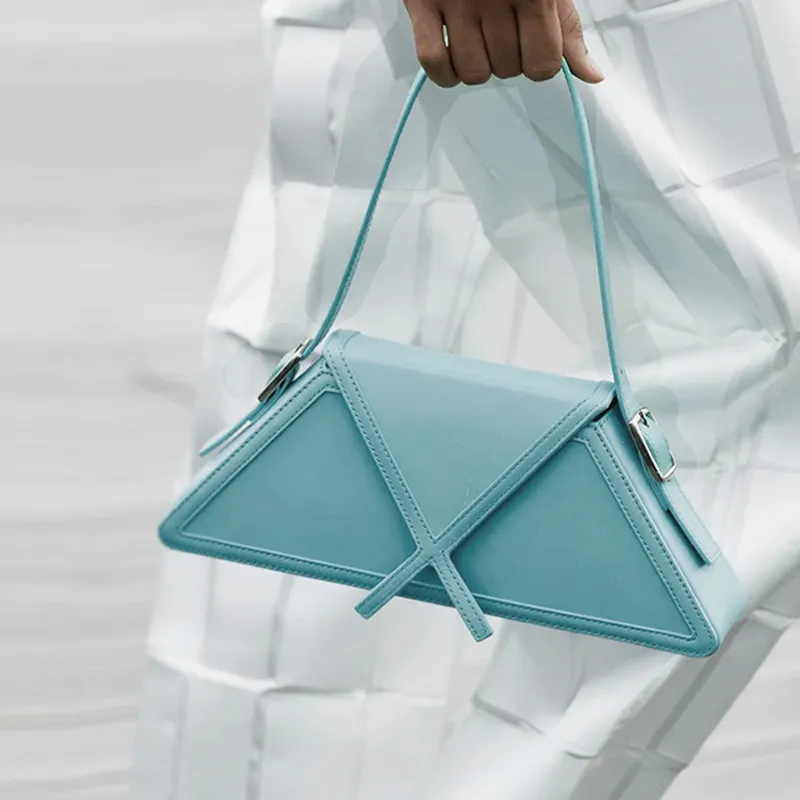 Panelled Trapezoid Underarm Bag Women Shoulder Bag Leather Luxury - Blue