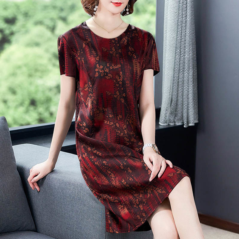 Middle-aged And Elderly Ice Silk Print Dress Fashion Casual