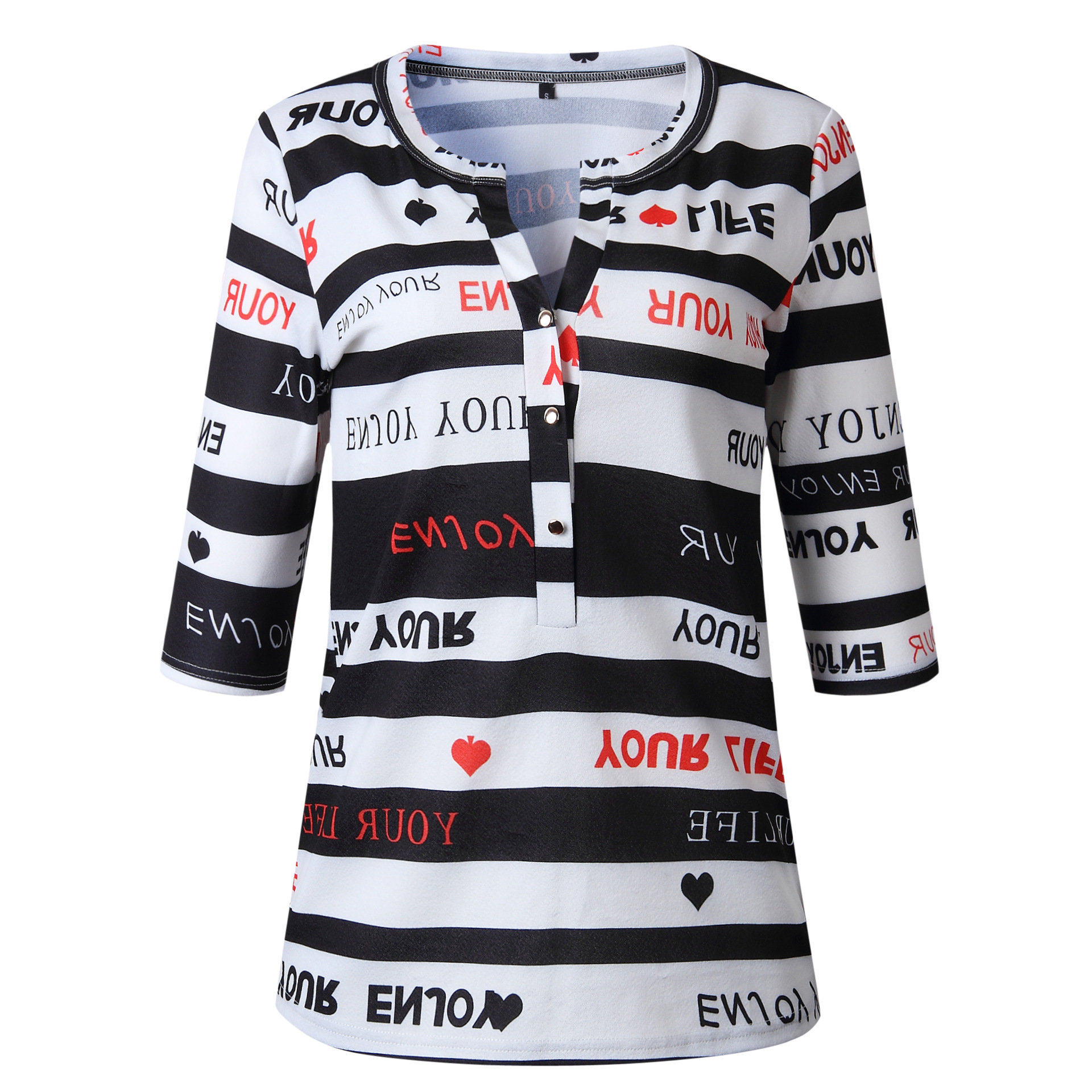 Fashion Printed Button V Neck Mid Sleeve Blouse