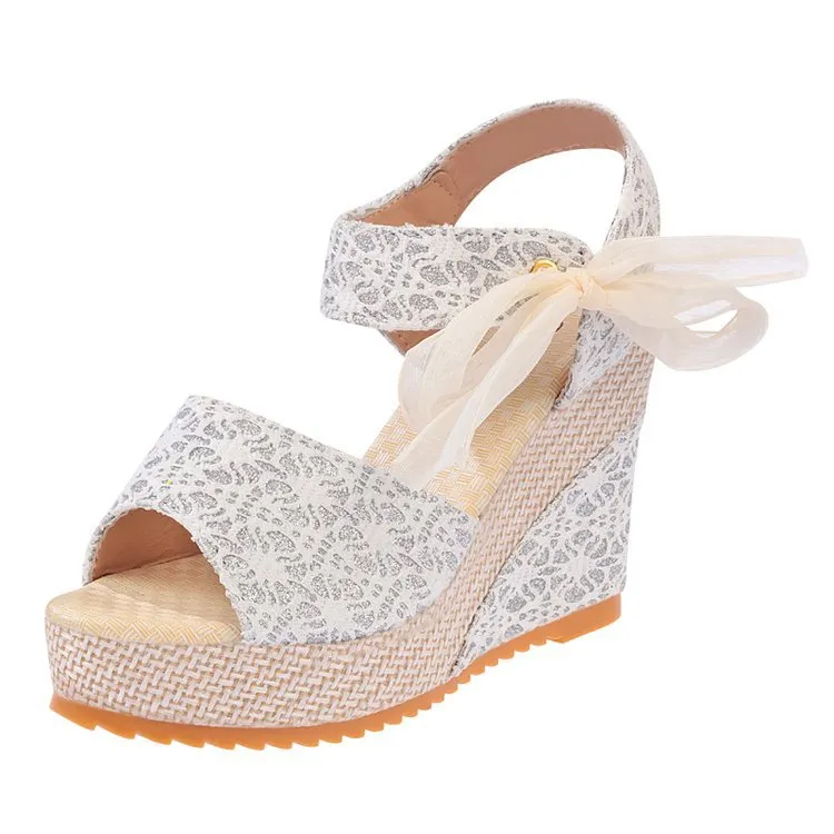 Fashionable Wedge Heel All-Match Super High Heel Ribbon Women'S Sandals - White