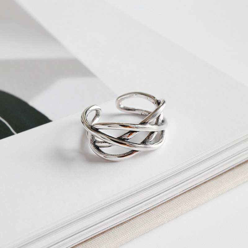 Multi-Line String Knot Antique Distressed Personality Plain Silver Ring