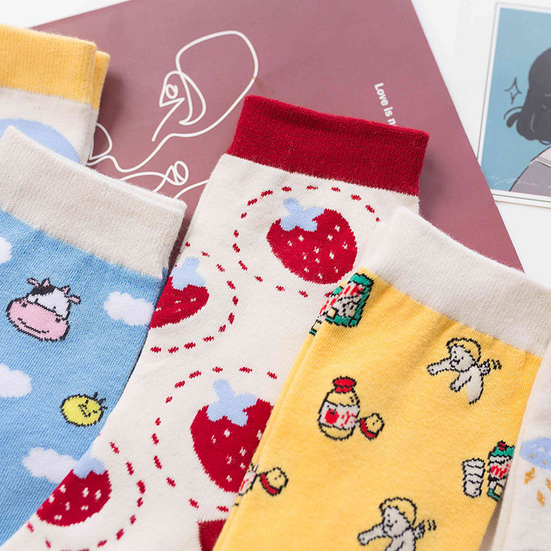 Title 4, Cute Girl Strawberry Cow Cartoon Socks