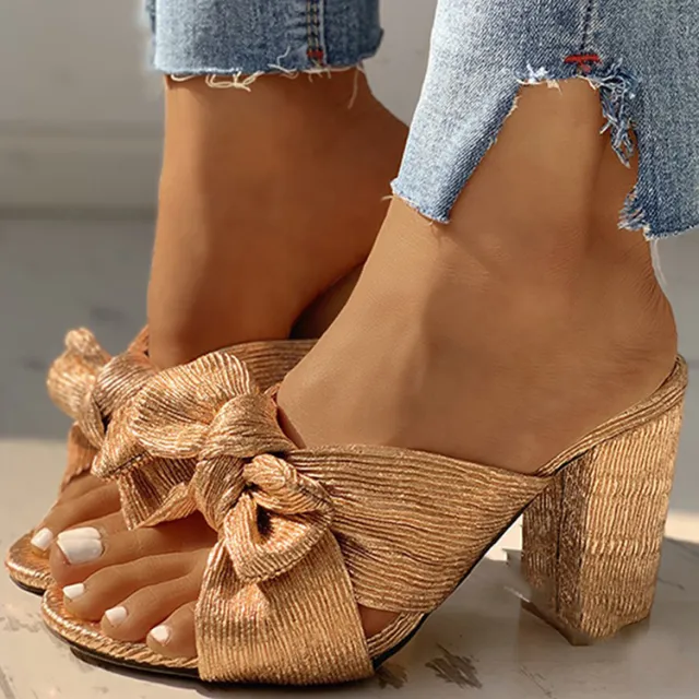 European and American foreign trade large size bowknot chunky heel sandals Gold - Shop at LoveMi