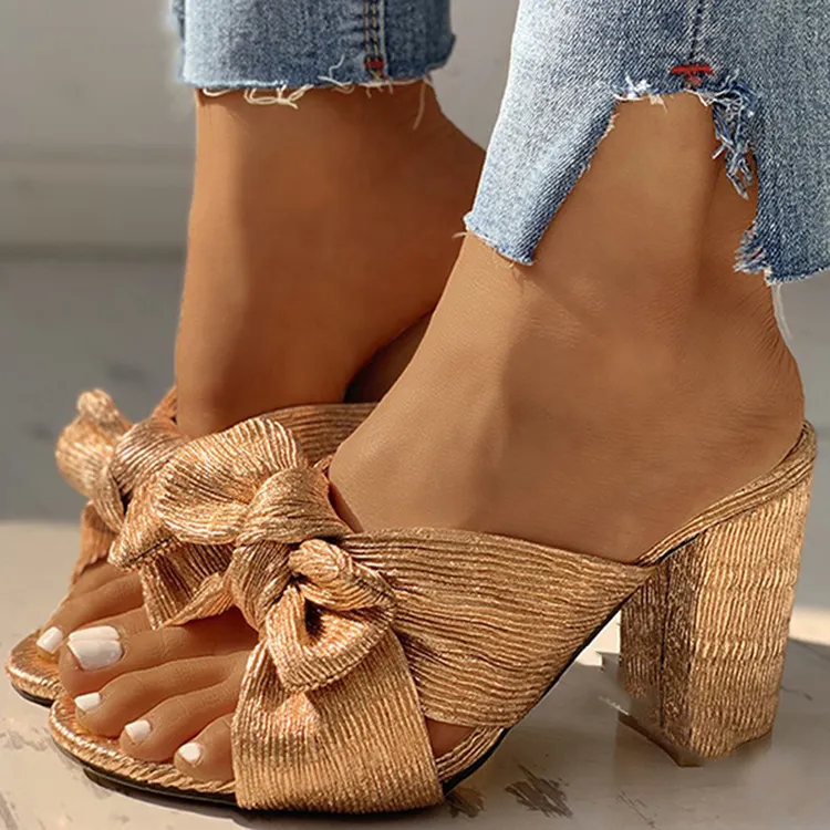 European and American foreign trade large size bowknot chunky heel sandals - Gold