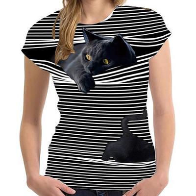 Title 5, Fashion 3D Kitten Striped Short Sleeve T-Shirt Top