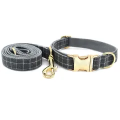 Grey Plaid Pet Products Dog Collar New Fashion Golden Metal Button Dog Collar - Dog Pen And Dog Leash Set - View 1