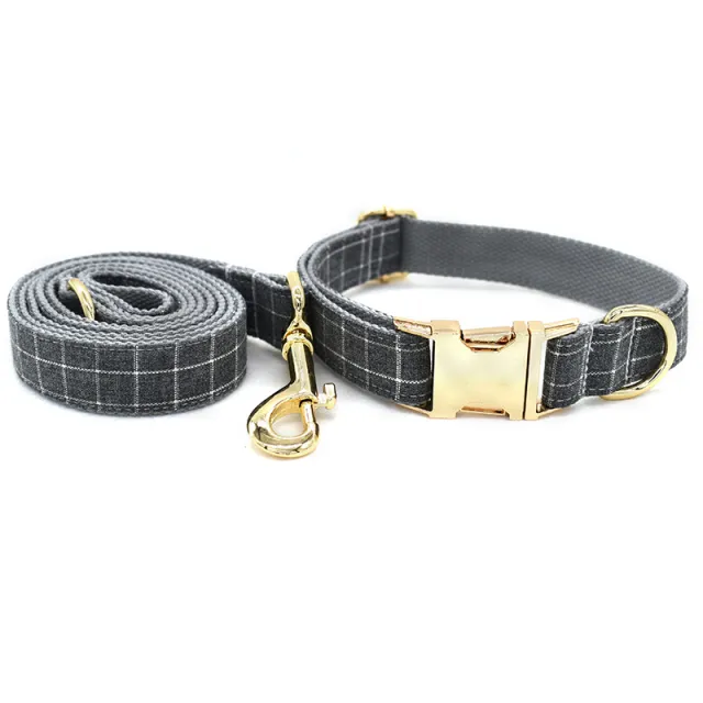 Grey Plaid Pet Products Dog Collar New Fashion Golden Metal Button Dog Collar Dog Pen And Dog Leash Set - Shop at LoveMi