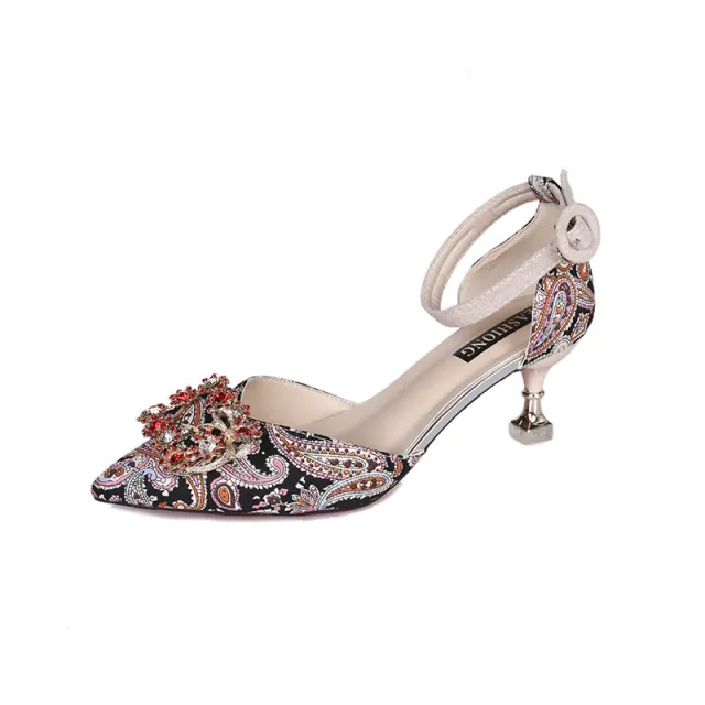 Pointed Toe Hollow Stiletto High heeled Shoes With Rhinestone Square Buckle Red Bridal Shoes Beige - Shop at LoveMi