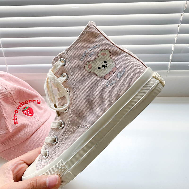 Soft Sister Pink Print Cute Bear High-Top Canvas Shoes Women